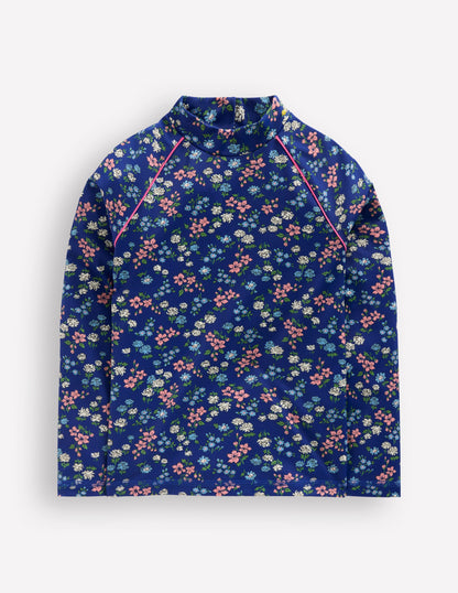 Gemustertes Badeshirt mit Sonnenschutz-Saphirblau Wiese Blumenmuster-1