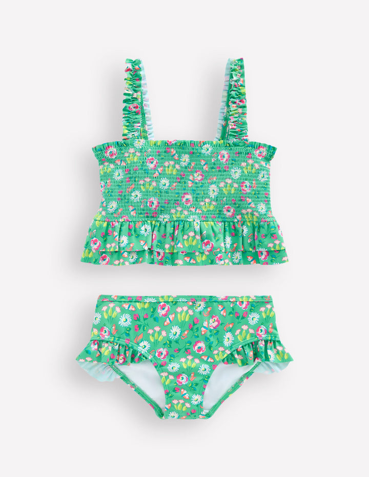 Gesmokter Bikini mit Schößchen-Aquamarin Schmetterlinge Blumenmuster
