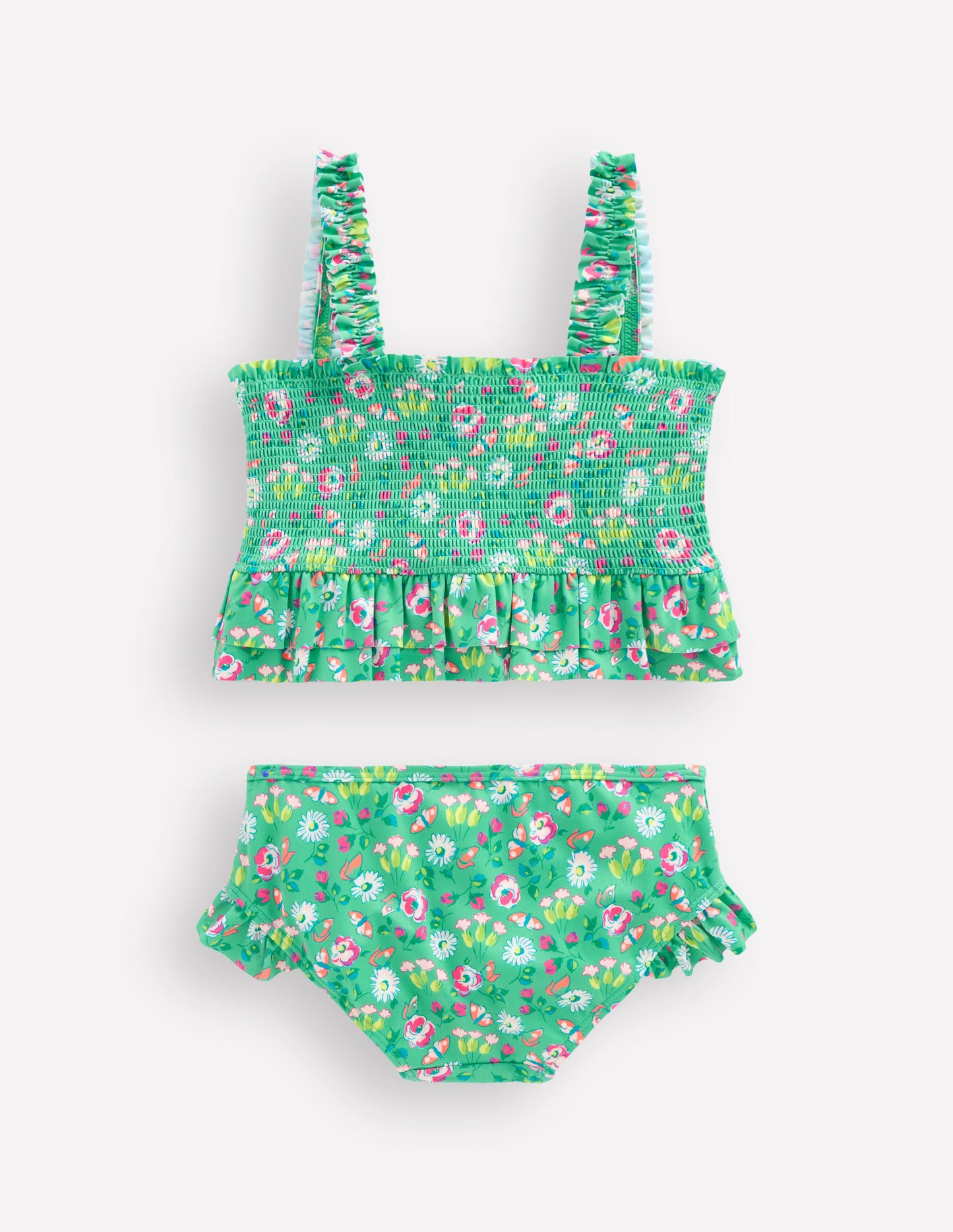 Gesmokter Bikini mit Schößchen-Aquamarin Schmetterlinge Blumenmuster