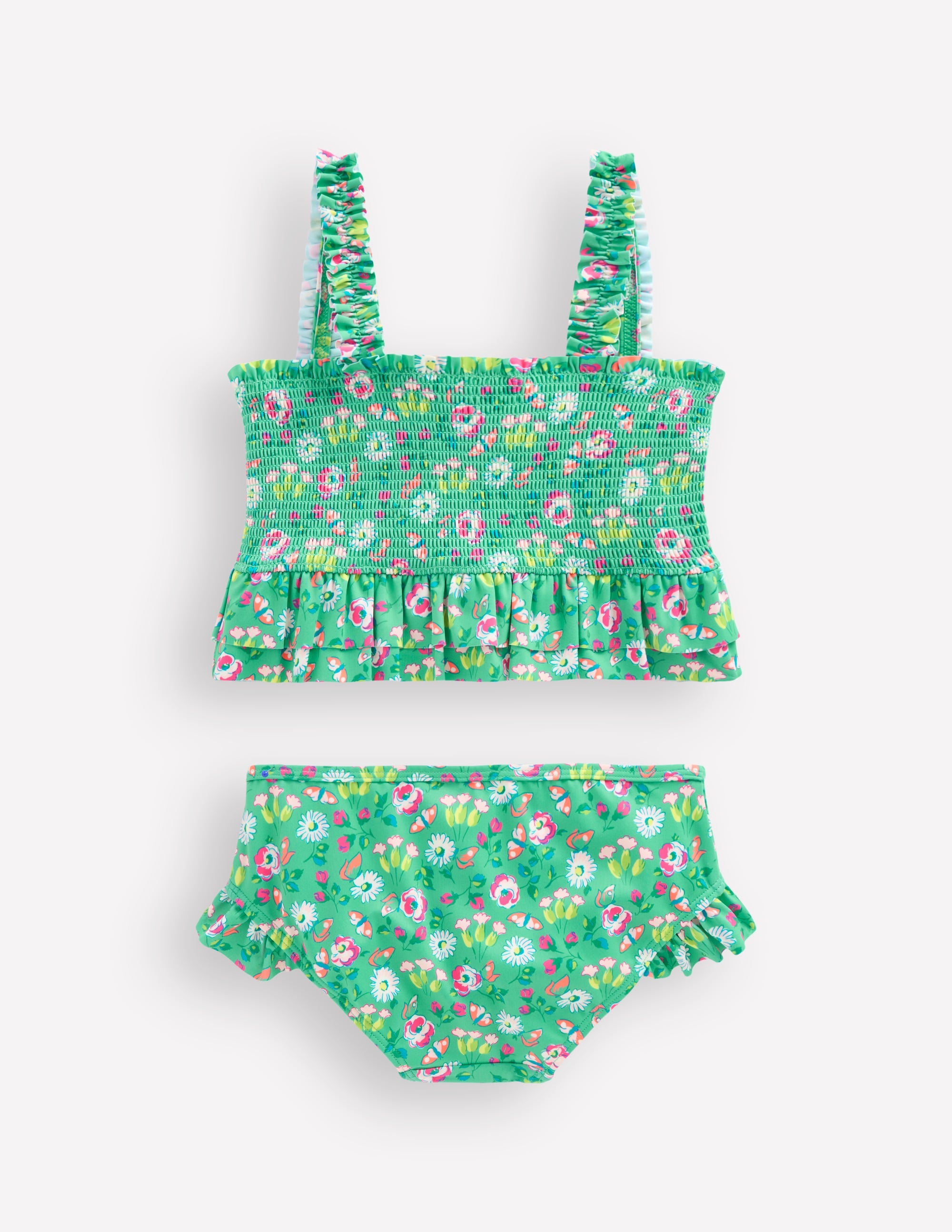 Gesmokter Bikini mit Schößchen-Aquamarin Schmetterlinge Blumenmuster - Image 2