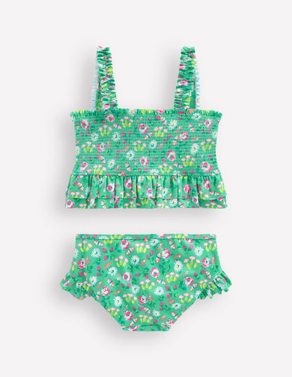 Gesmokter Bikini mit Schößchen-Aquamarin Schmetterlinge Blumenmuster-2