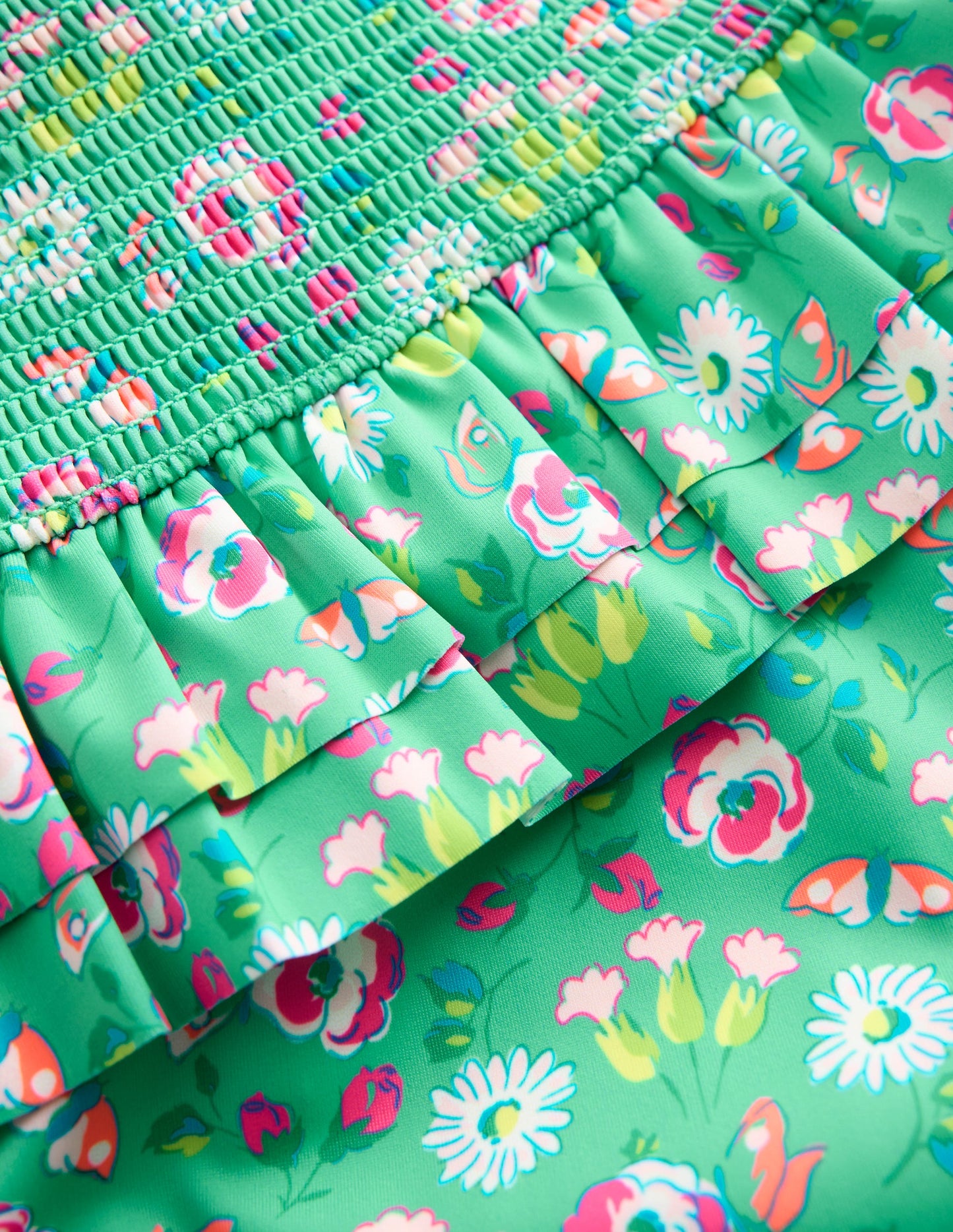 Gesmokter Bikini mit Schößchen-Aquamarin Schmetterlinge Blumenmuster