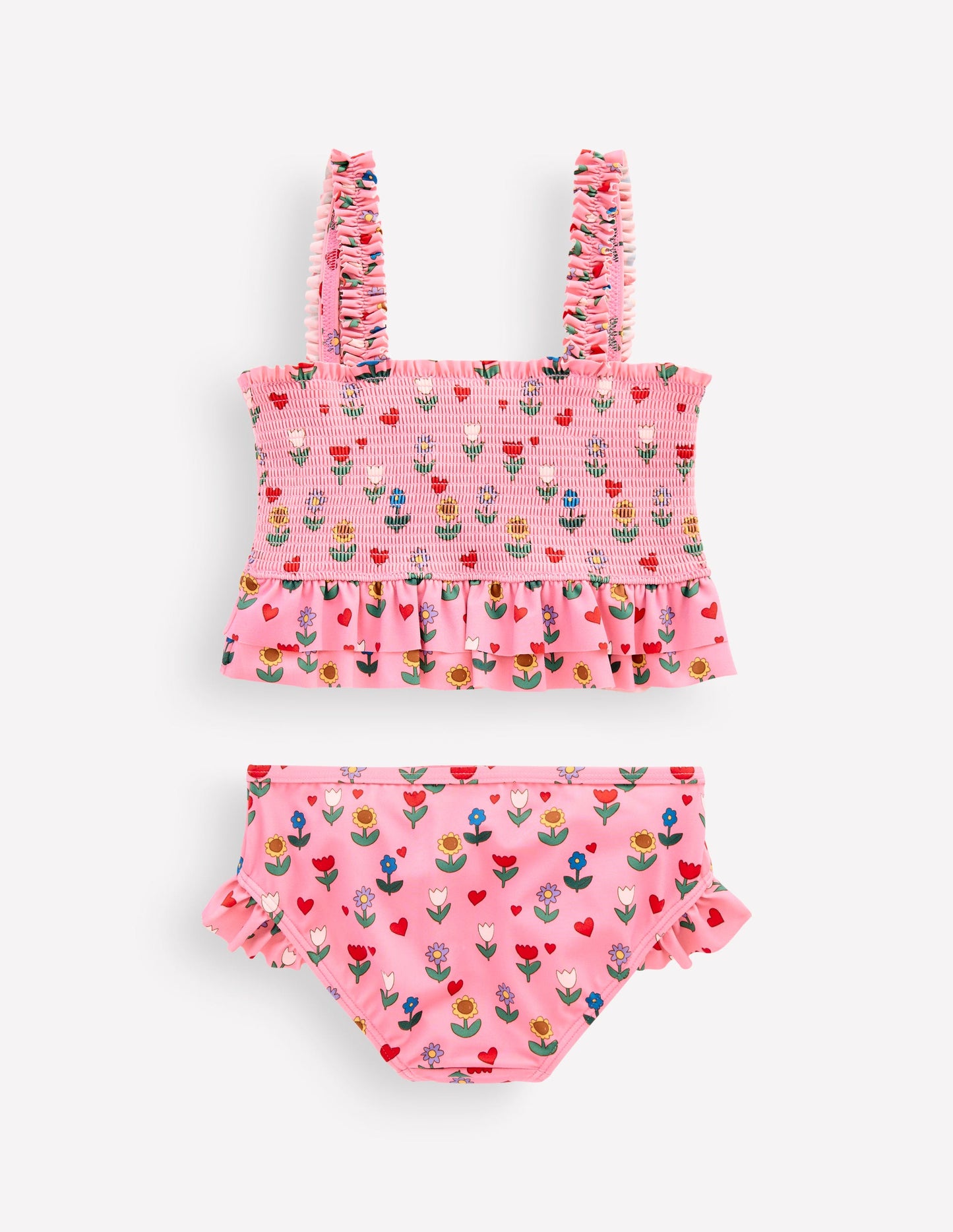 Gesmokter Bikini mit Schößchen-Mandelrosa Sonnenblumen Garten