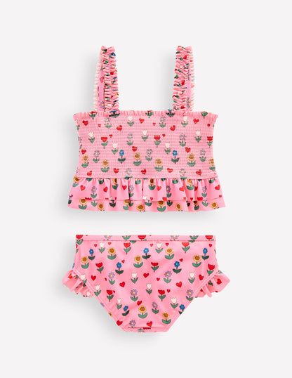 Gesmokter Bikini mit Schößchen-Mandelrosa Sonnenblumen Garten-3