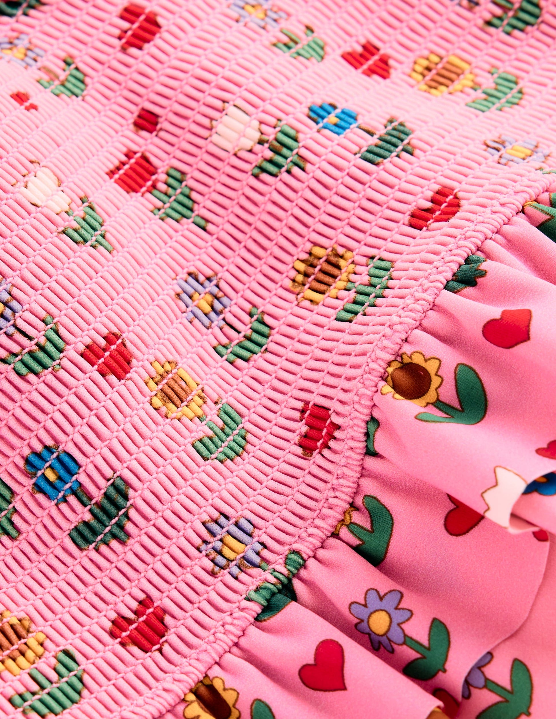 Gesmokter Bikini mit Schößchen-Mandelrosa Sonnenblumen Garten-4