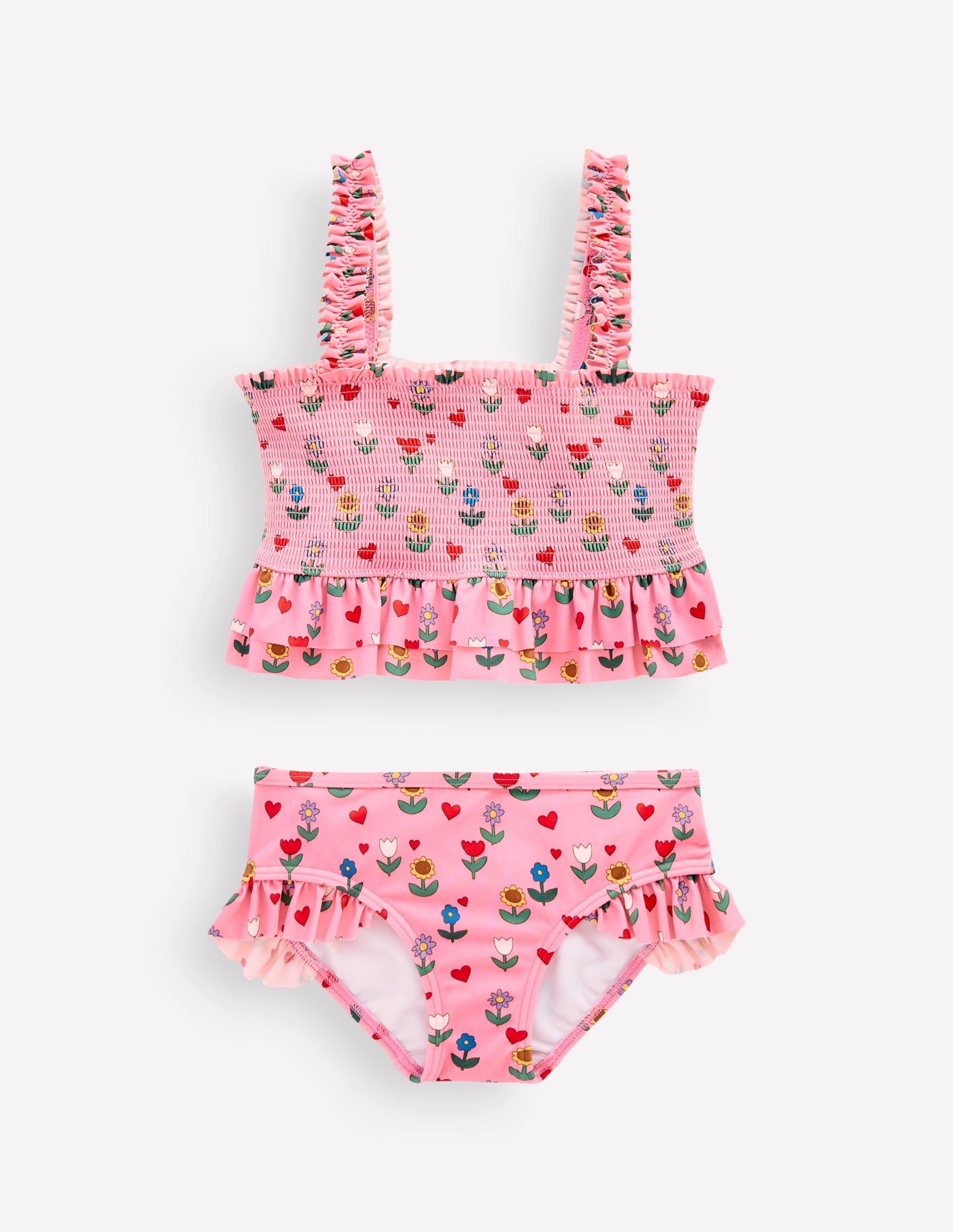 Gesmokter Bikini mit Schößchen-Mandelrosa Sonnenblumen Garten - Image 1