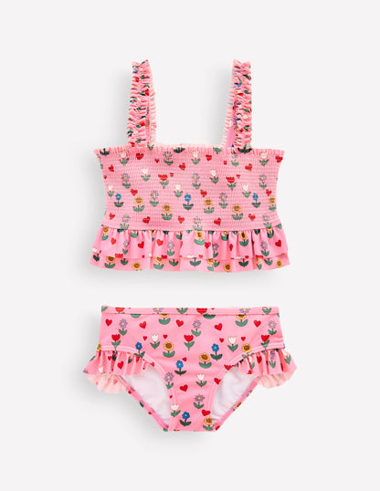 Gesmokter Bikini mit Schößchen-Mandelrosa Sonnenblumen Garten-2