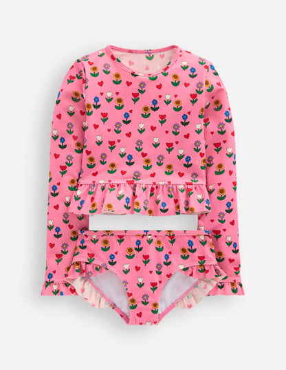 Langärmliges Bade-Set mit Rüschen-Mandelrosa Sonnenblumen Garten-1