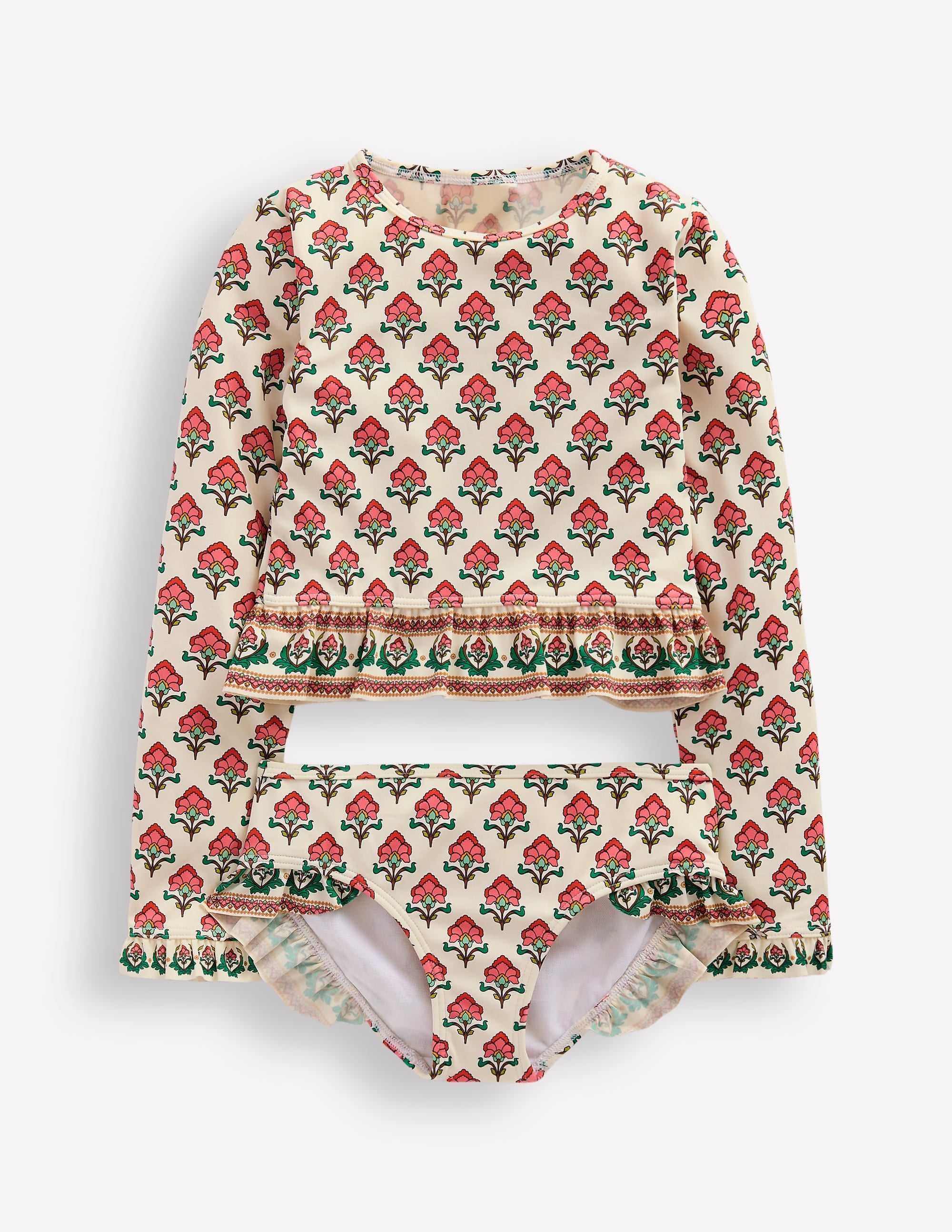 Ensemble volanté à manches longues-Motif floral xylographique ivoire doux - Image 1
