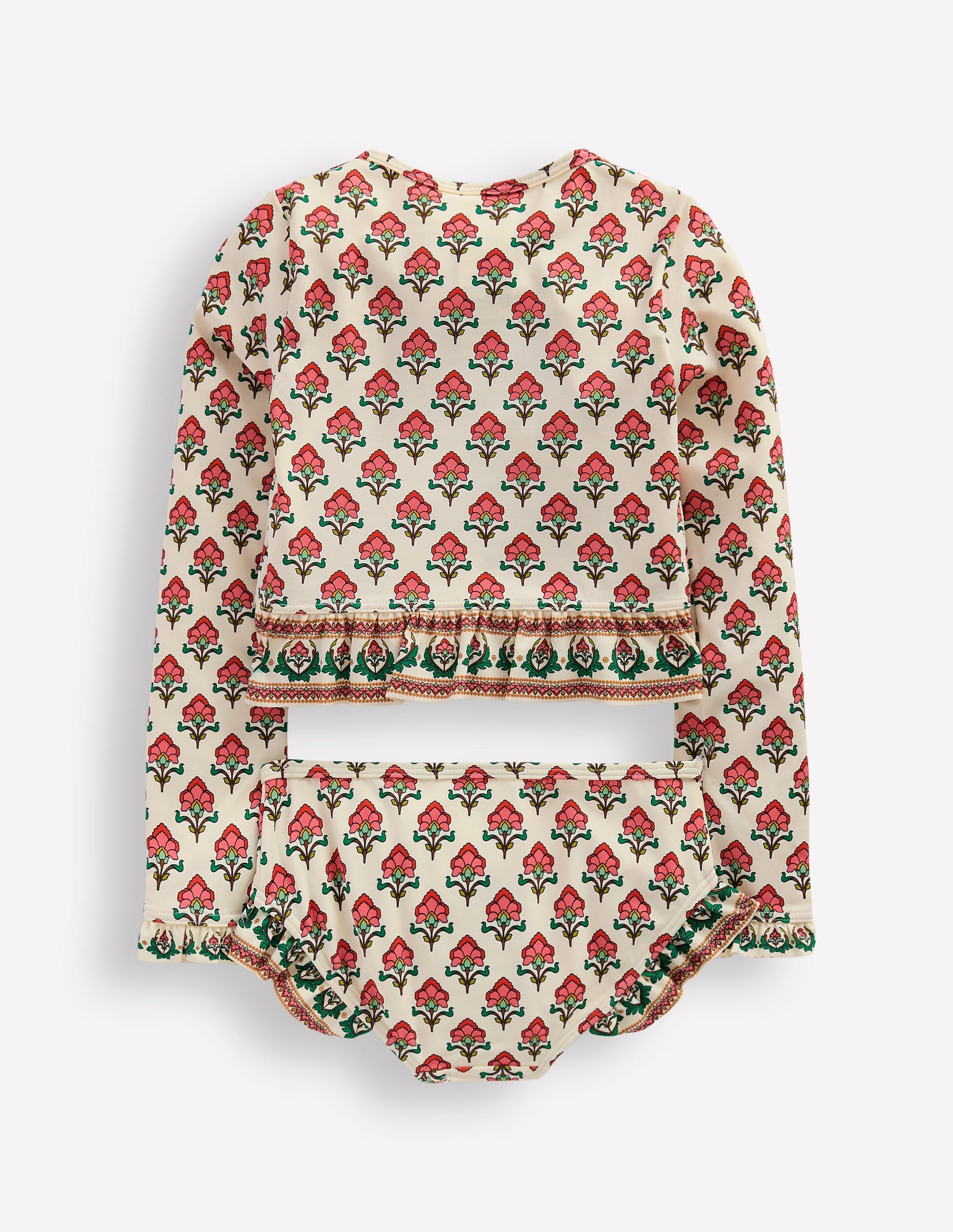 Langärmliges Bade-Set mit Rüschen-Sanftes Naturweiß Holzschnitt Blume-2