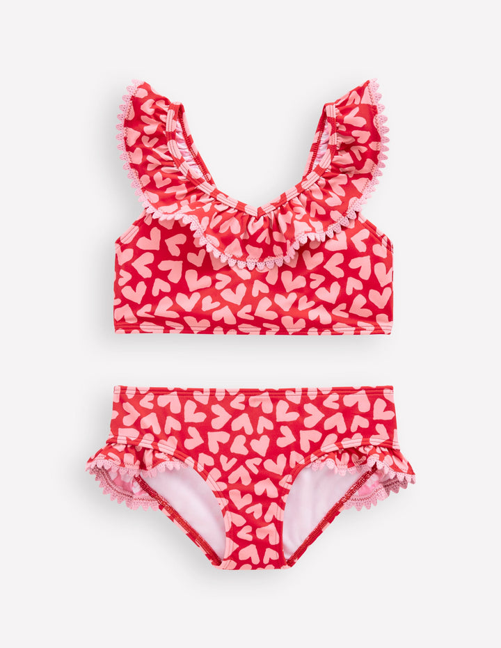 Bikini col V à volants-Motif Collage Hearts rouge rockabilly