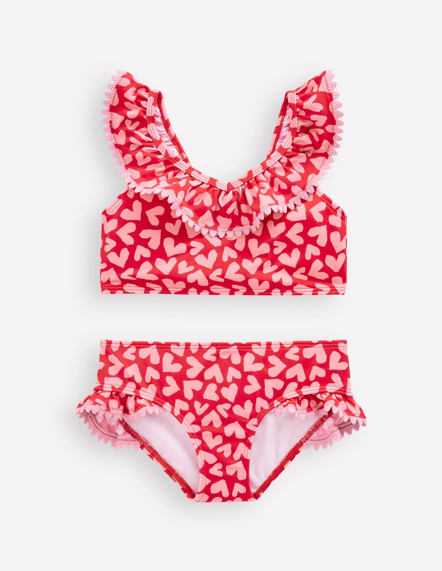 Bikini col V à volants-Motif Collage Hearts rouge rockabilly