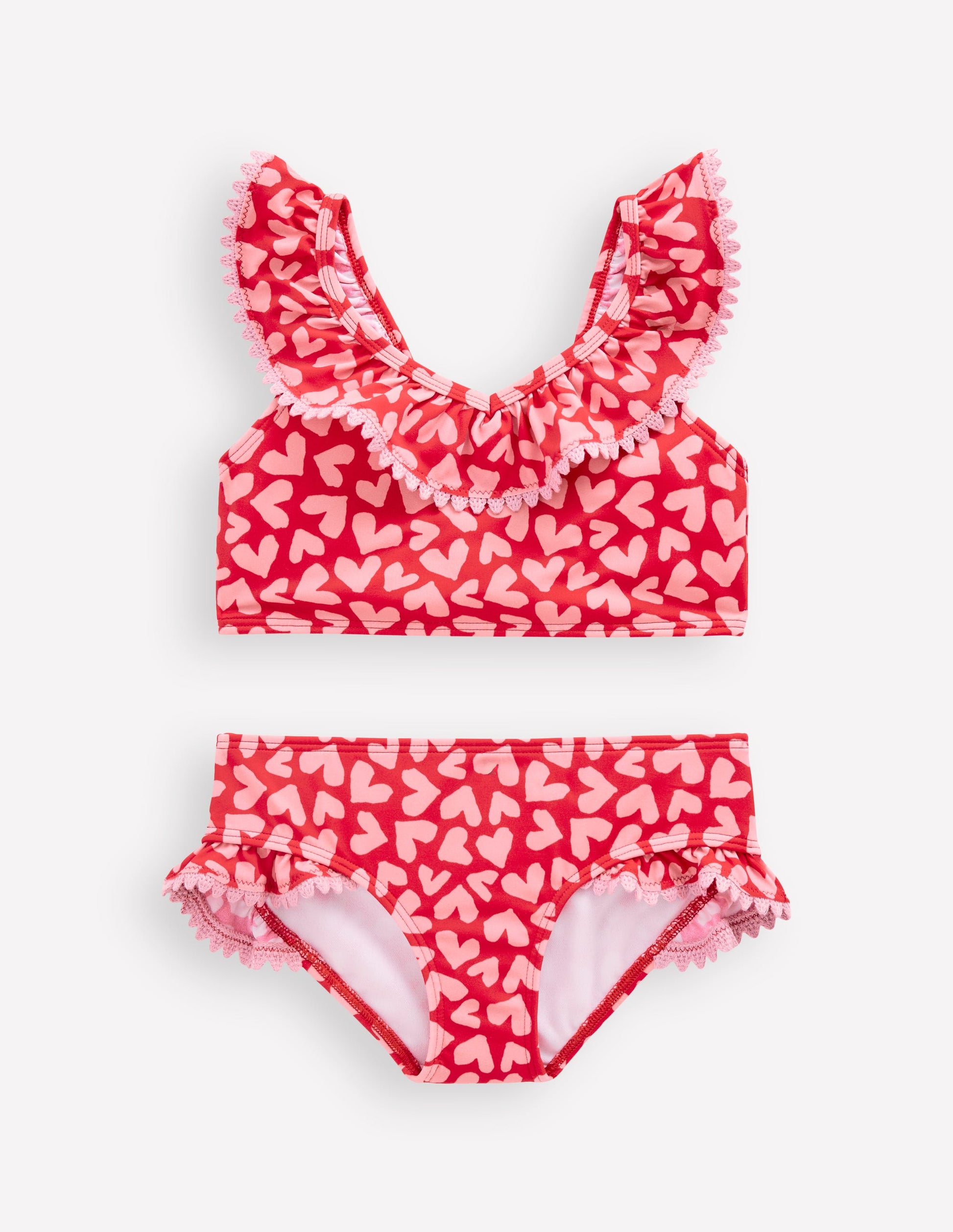Bikini col V à volants-Motif Collage Hearts rouge rockabilly-1