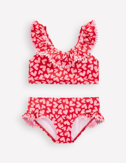 Bikini col V à volants-Motif Collage Hearts rouge rockabilly-1