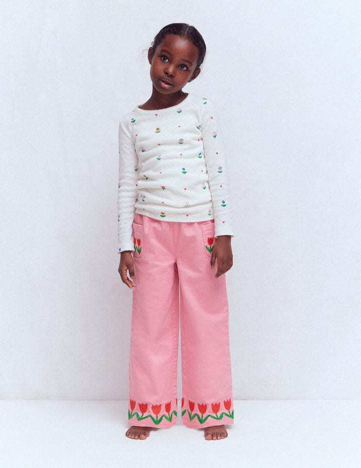 Jeans mit weitem Bein zum Hineinschlüpfen-Rosa Tulpen