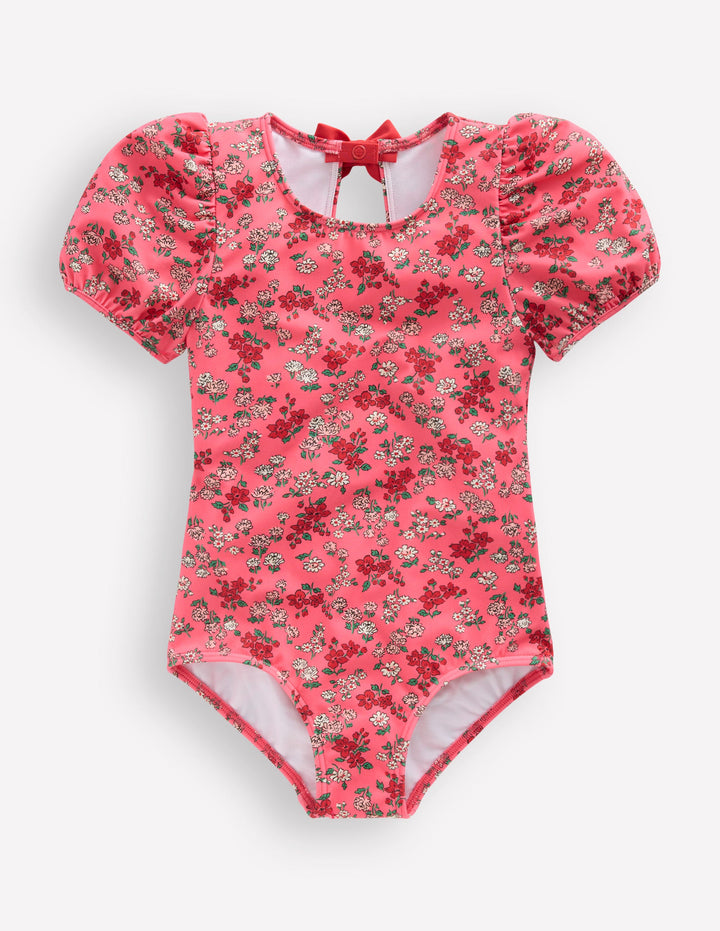 Maillot de bain à manches bouffantes-Motif Meadow Floral rose saumon