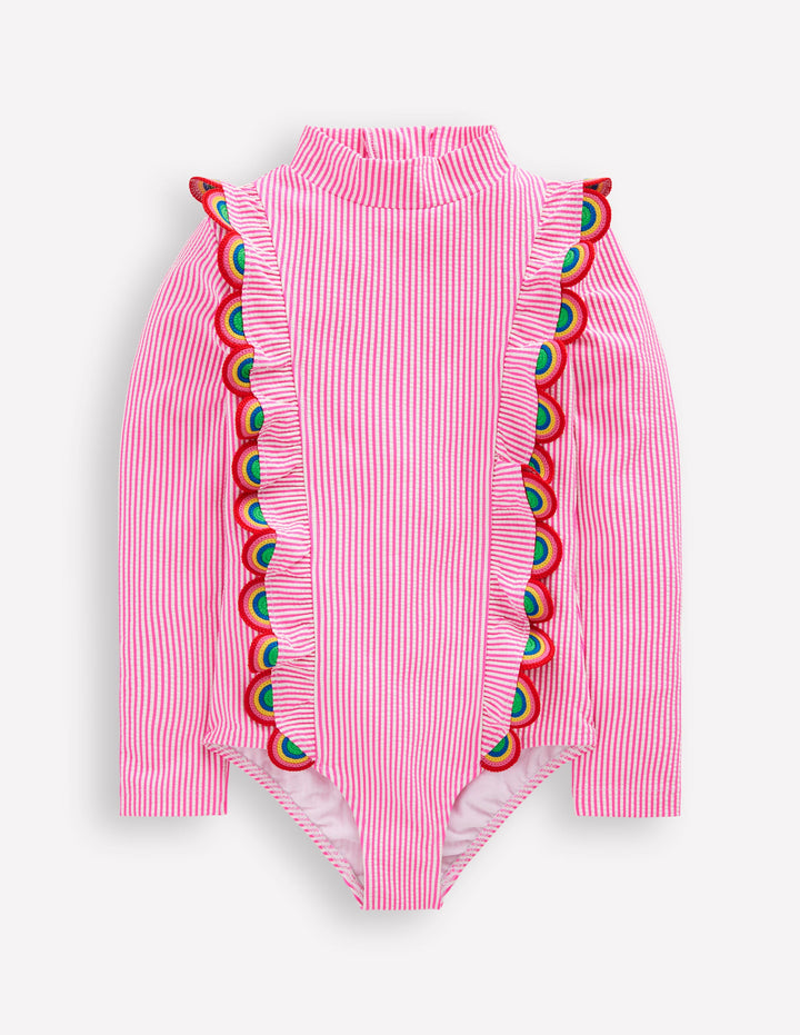 Long Sleeve Frill Swimsuit-Pink Glo Stripe Rainbow