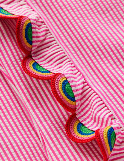 Maillot de bain volanté à manches longues-Arcs-en-ciel rayé rose fluo-3
