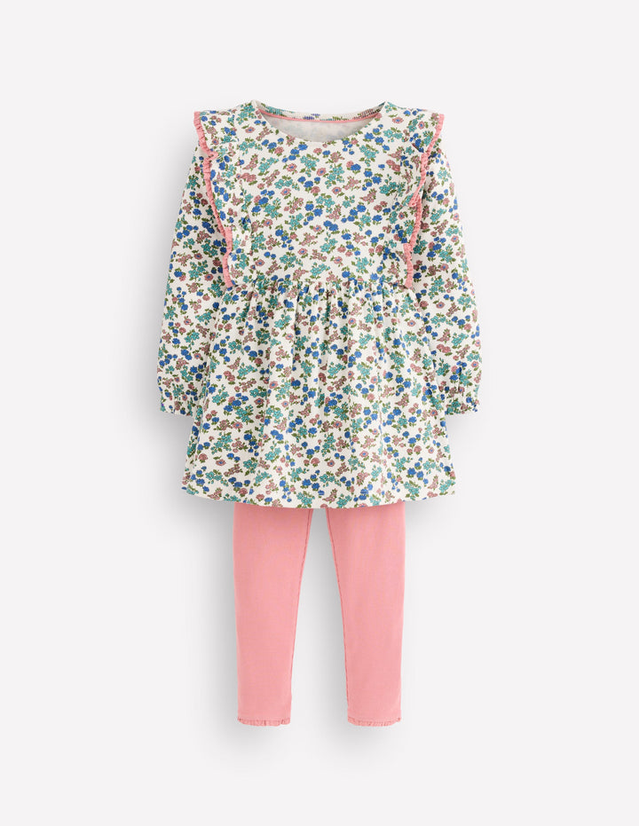 Ensemble avec tunique côtelée-Motif floral ivoire doux