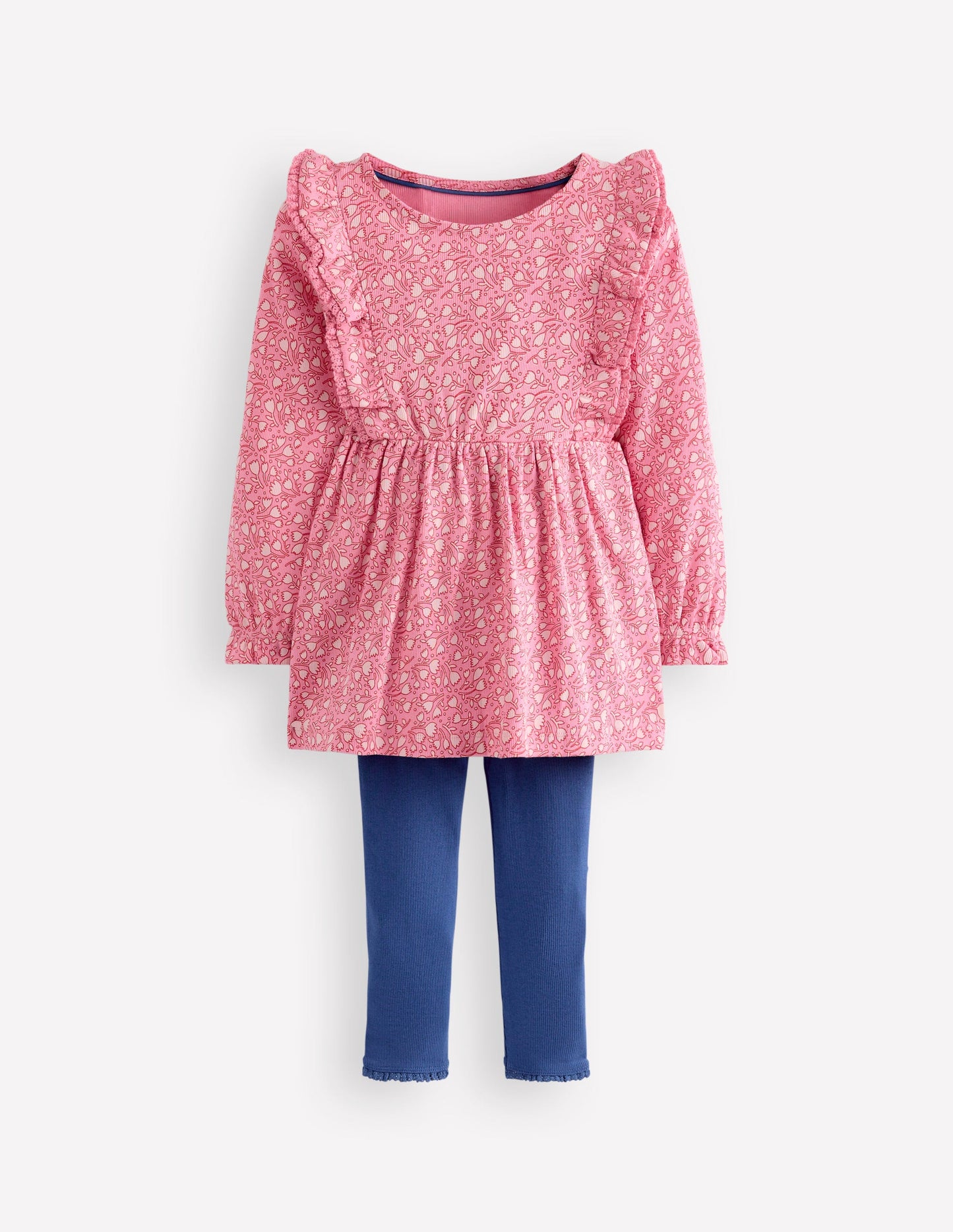 Tunika-Set aus Rippstrick-Meerblau Rosa Kleine Tulpen