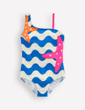 Maillot de bain asymétrique à appliqué-Étoiles de mer vague bleu martin-pêcheur