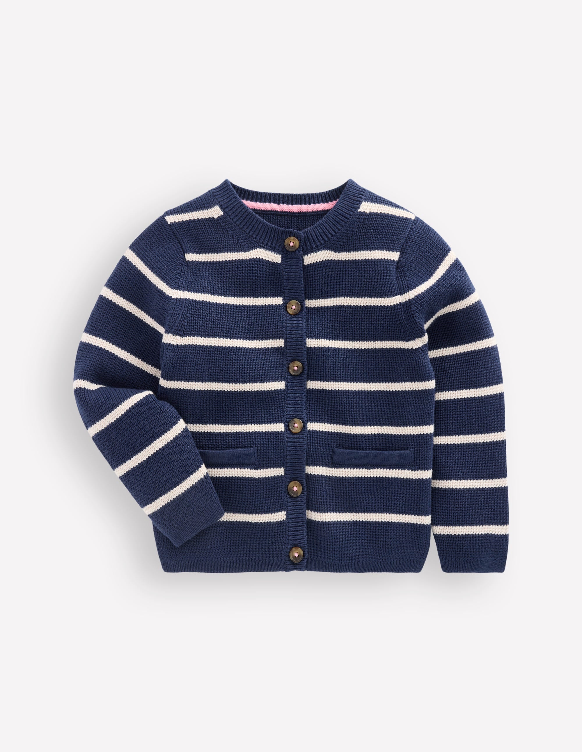 Strickjacke mit Rundhalsausschnitt-Schuluniform-Marineblau/Sanftes Naturweiß Streifen - Image 3