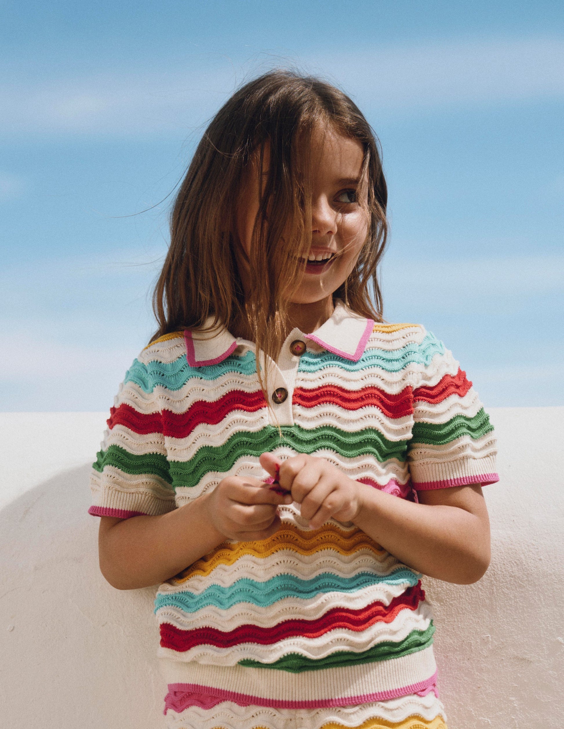 Poloshirt aus Pointelle-Strick-Beige Meliert Bunt Welle-1