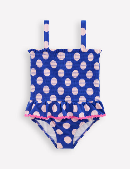 Maillot de bain smocké à basque-Pois bleu vif-1