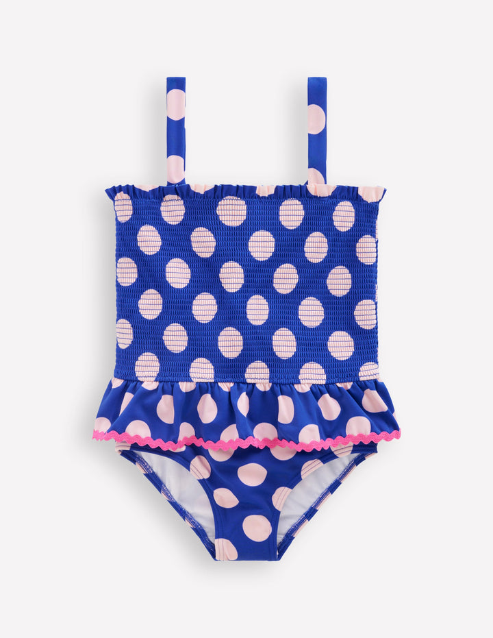 Maillot de bain smocké à basque-Pois bleu vif