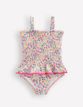 Maillot de bain smocké à basque-Motif floral papillon rose craie