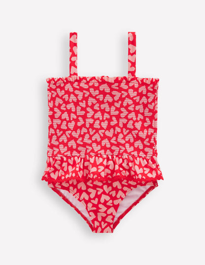 Maillot de bain smocké à basque-Motif Collage Hearts rouge rockabilly-1