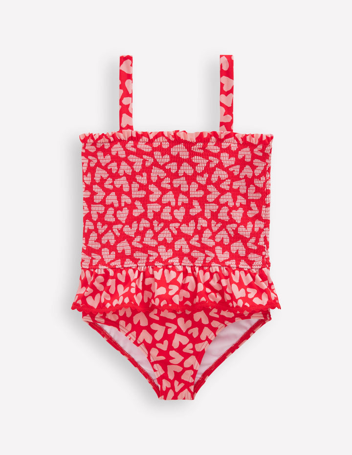 Maillot de bain smocké à basque-Motif Collage Hearts rouge rockabilly