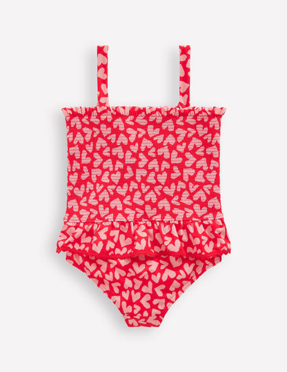 Maillot de bain smocké à basque-Motif Collage Hearts rouge rockabilly-2