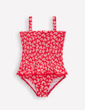 Maillot de bain smocké à basque-Motif Collage Hearts rouge rockabilly