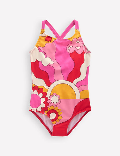 Maillot de bain imprimé croisé dans le dos-Motif Sixties Sunrise rouge cannelle-1