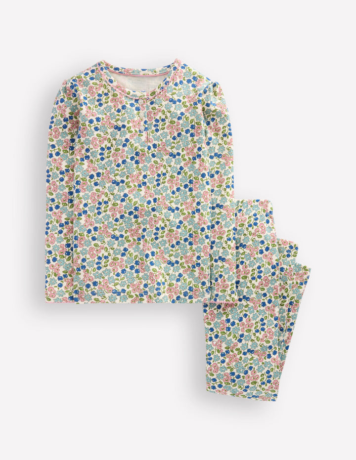 Eng anliegender Henley-Schlafanzug-Sanftes Naturweiß Frühling Kleines Blumenmuster