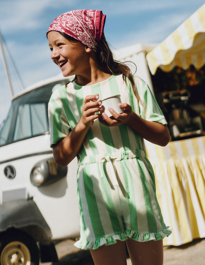 Lockerer Jumpsuit aus Frottee-Blassgrün Streifen