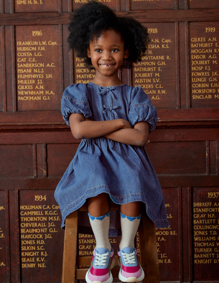 Gewebtes Kleid mit Schleife vorn-Mittlere Mischung Denim