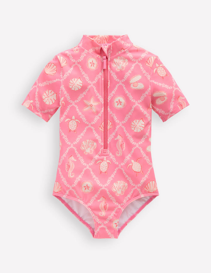 Kurzärmliger Badeanzug-Lachsrosa Kachelmuster mit Muscheln