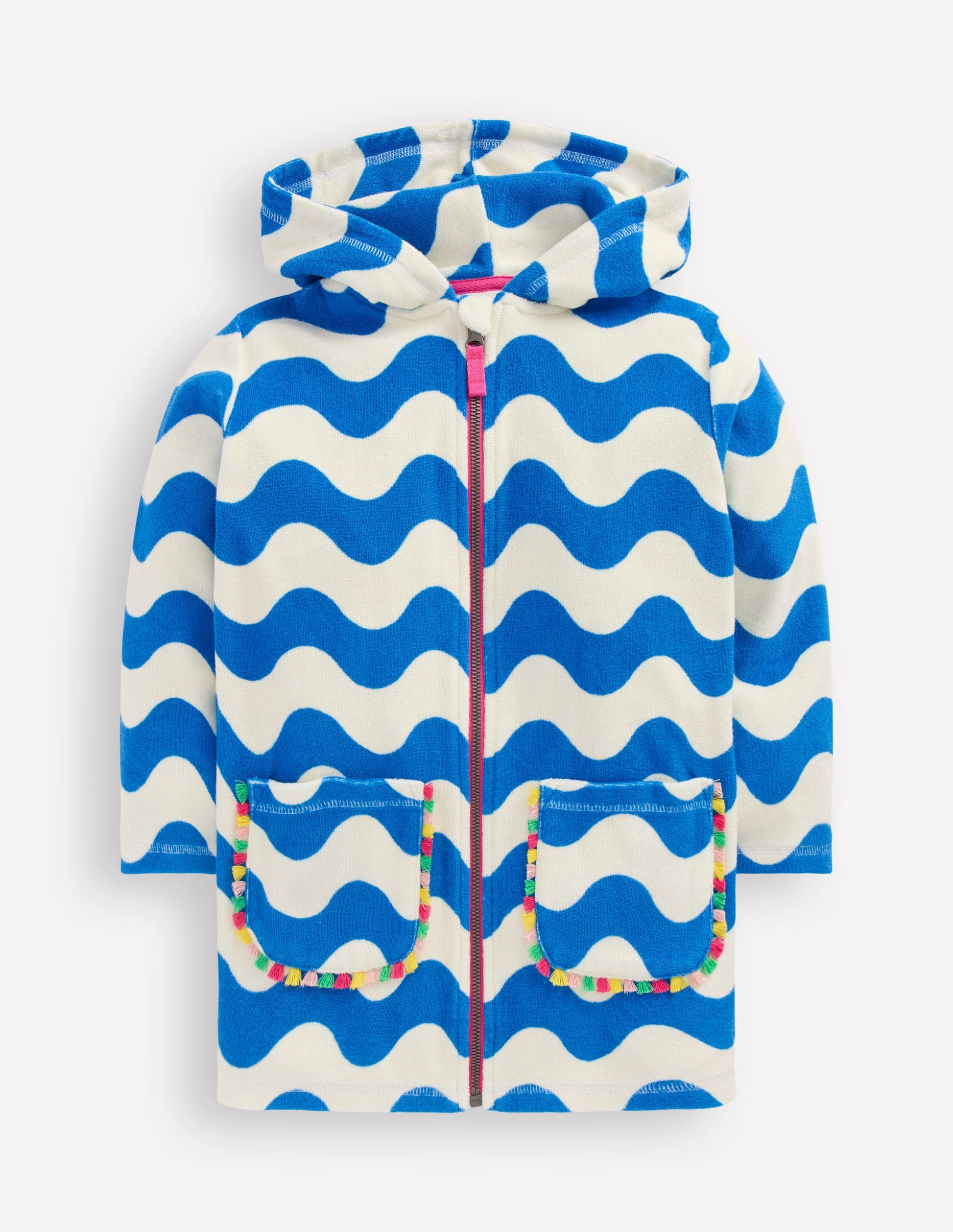 Romie Frottee-Badeponcho mit Reißverschluss-Blau und Naturweiß Wellen-1