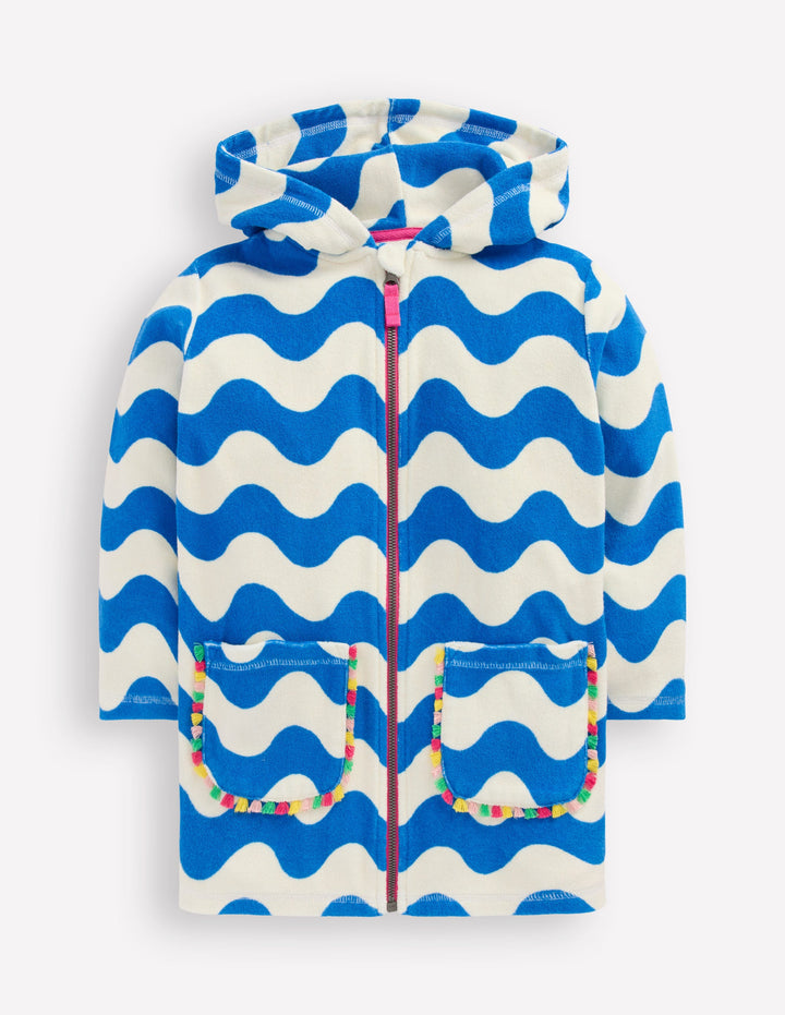 Romie Frottee-Badeponcho mit Reißverschluss-Blau und Naturweiß Wellen