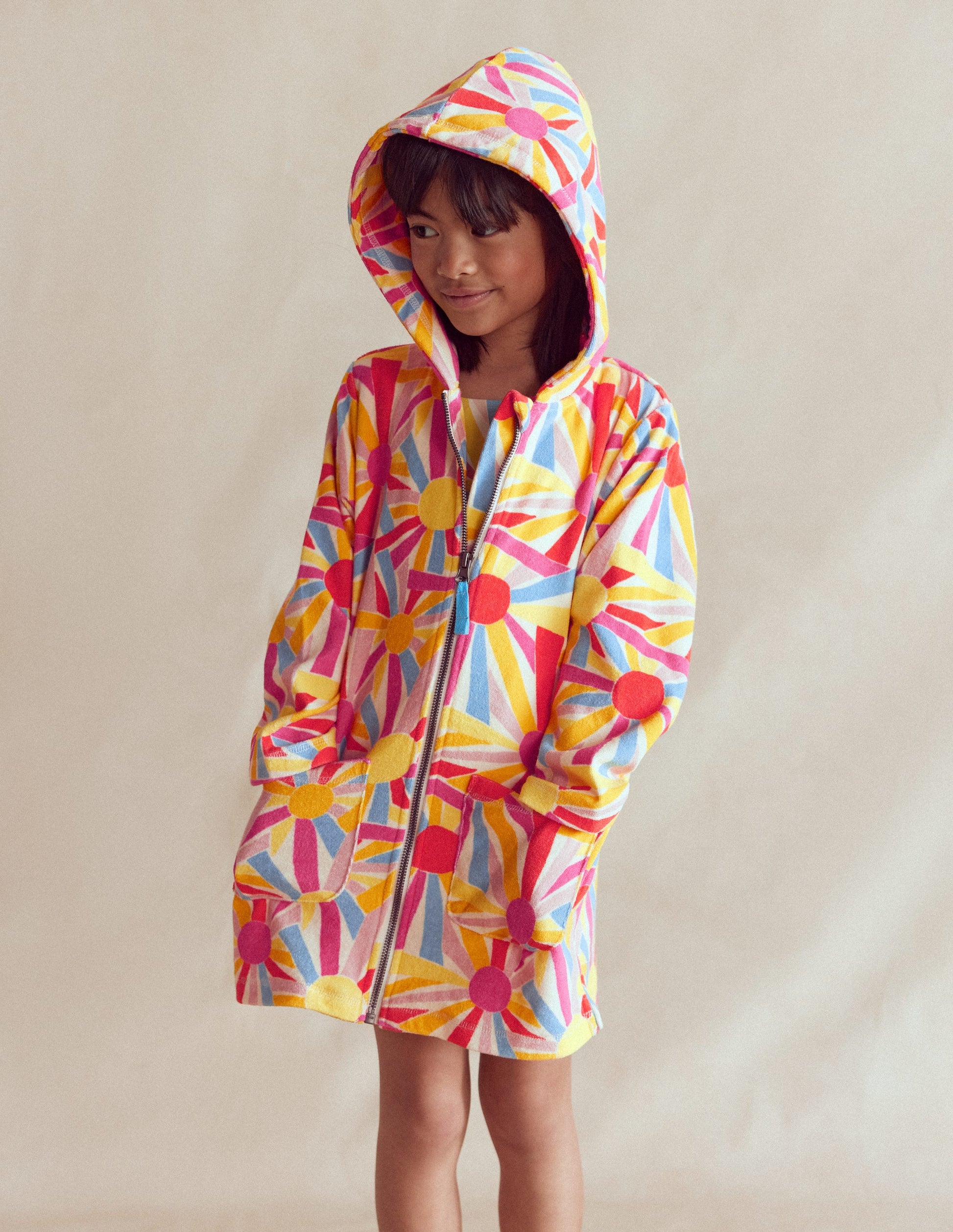 Poncho en éponge Romie à fermeture zippée-Motif Sunburst ivoire-1