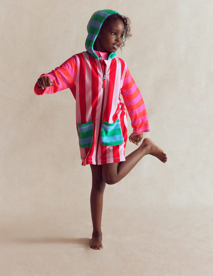 Romie Frottee-Badeponcho mit Reißverschluss-Ackerbohnengrün/Pink, Gestreift