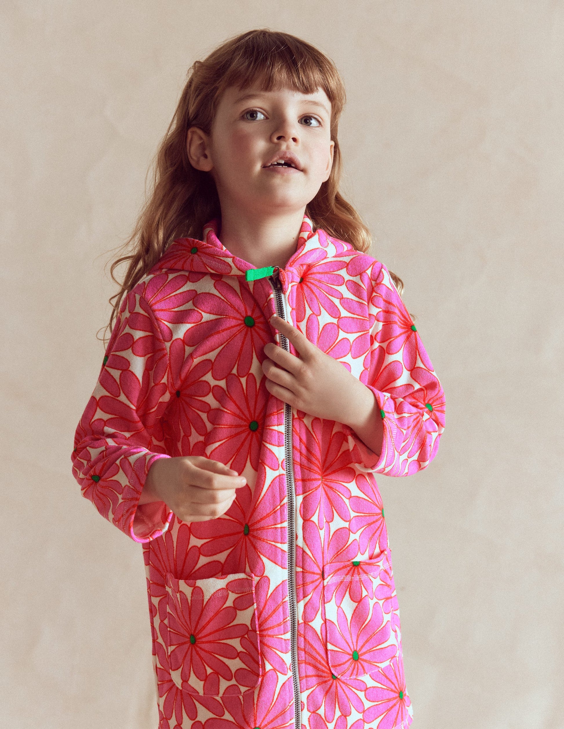 Poncho en éponge Romie à fermeture zippée-Motif Giant Daisy rose festival-2