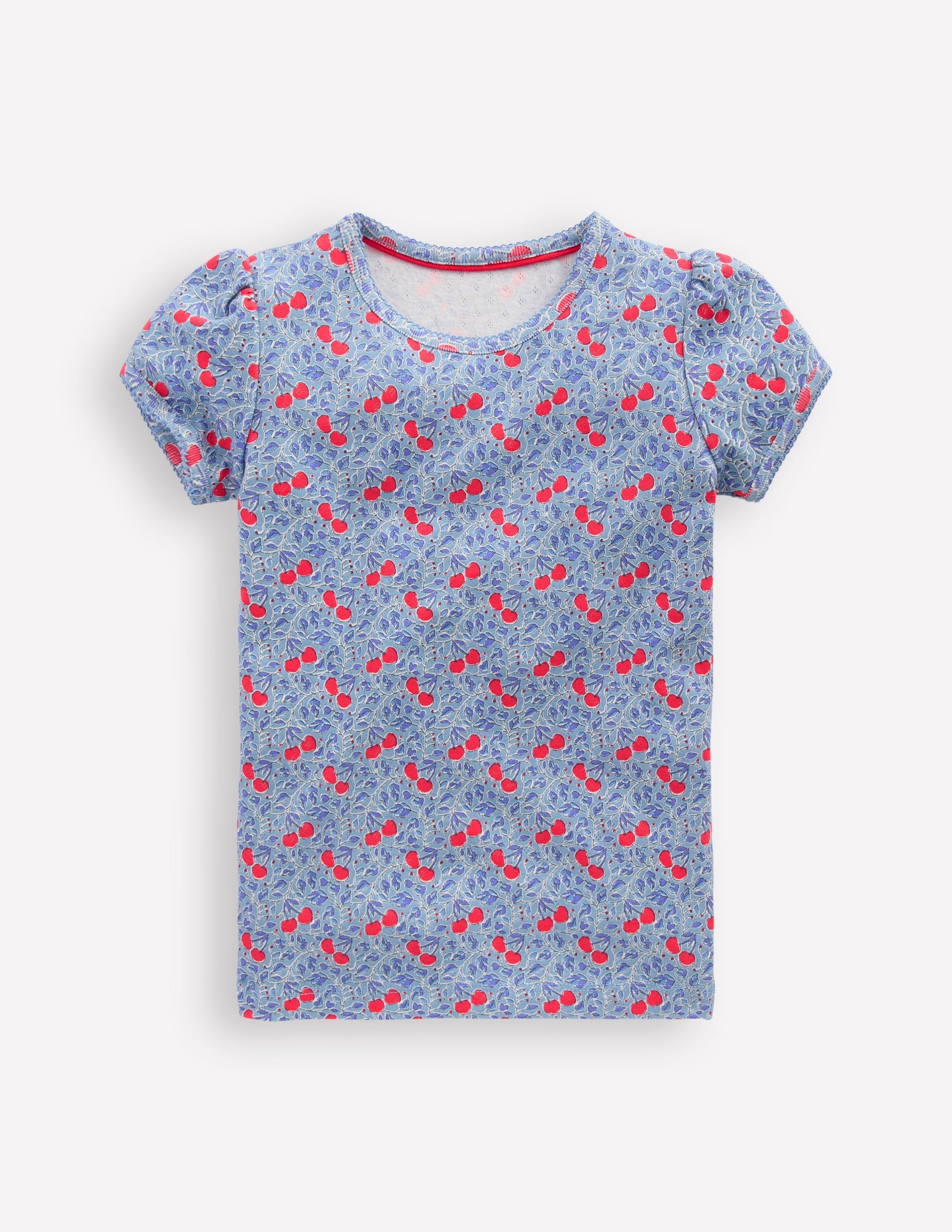 Short Sleeve Pointelle Top-Blue Cherries-1