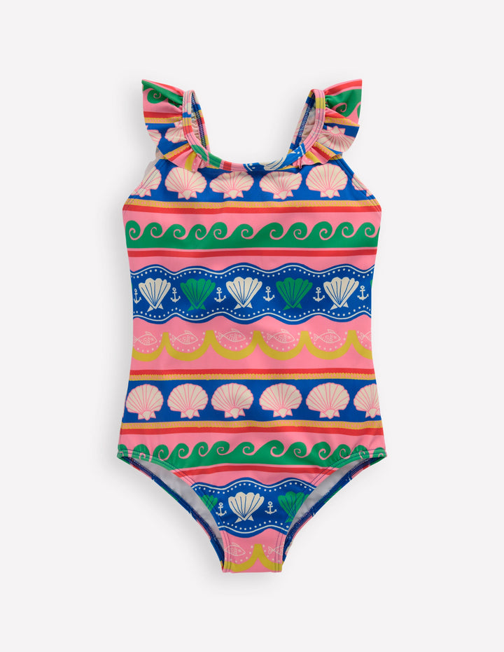 Maillot de bain Hallie à bretelles volantées-Rayé coquillage multi