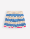 Strick-Shorts-Wellenblau/Beige Meliert