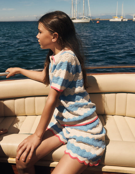 Pointelle-Strick-Shorts-Wellenblau/Beige Meliert