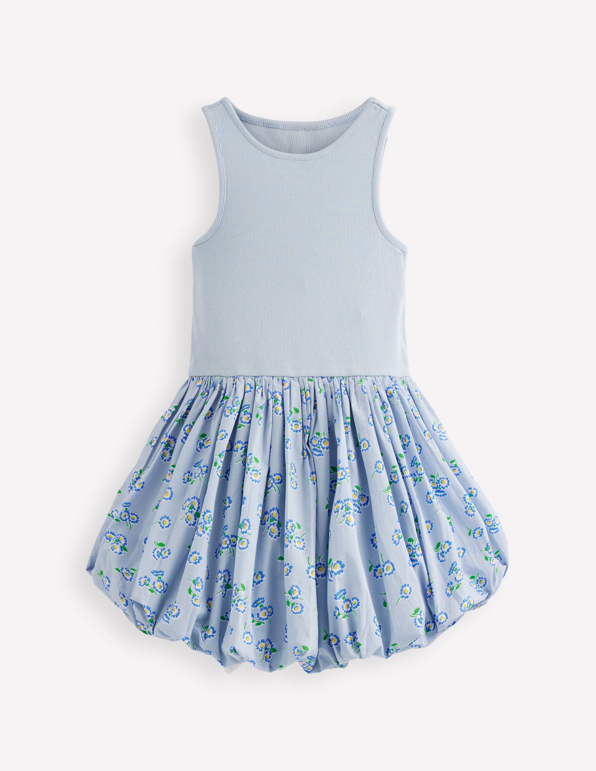 Rippstrick-Kleid mit Ballonsaum-Nebelblau Gänseblümchen-1