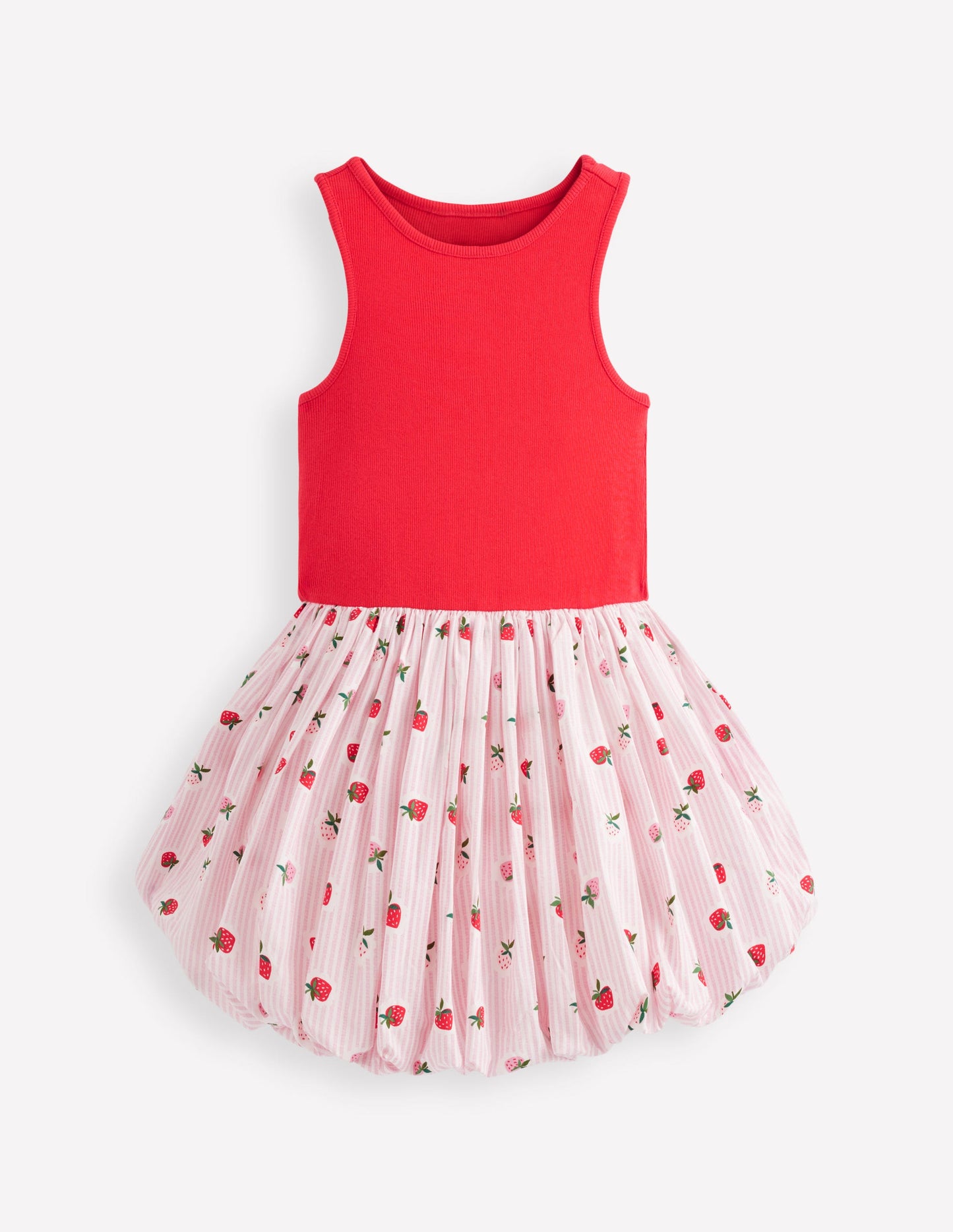 Rippstrick-Kleid mit Ballonsaum-Drillich Streifen Erdbeere